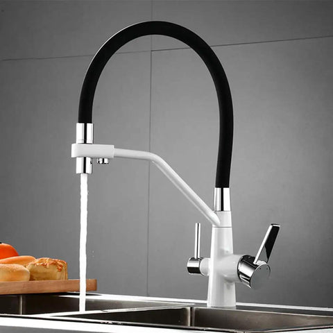 GAZOGJ 360°Rotatable 3-Way Kitchen Faucet with Extendable Shower Head, sleek white and black design, viewed from the side.