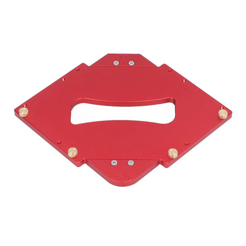 Rock Solid Router Table Corner Jig With Rugged Aluminum Radius Template Set showing red aluminum base with cut-out for router use.