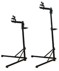 Mechanic Bike Repair Stand With Adjustable Height And Tilt Pro Grade Quick Release 360 Degree Rotation Heavy Duty Clamp Holds Up To 55 Lbs Works With Standard Mountain And Road Bikes Tool Plate Included, showing two stands side by side.