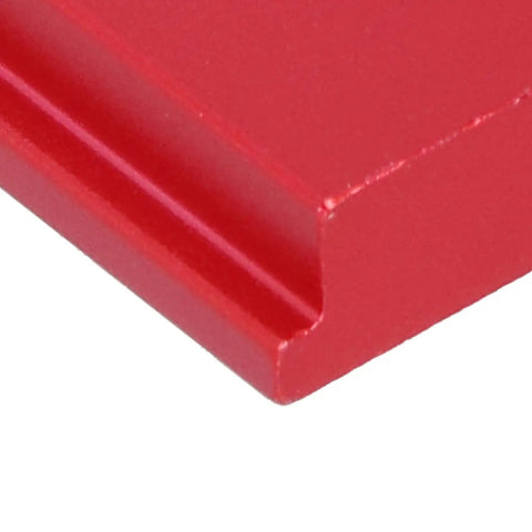 Close-up of red aluminum alloy sliding nut corner for T track systems with dual metric threads