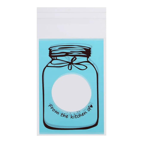 Set of 100 Cute Plastic Candy Bags With Clear Window and Bottle Pattern, 4 Color Options for Party Favors and Gifts, Blue Design