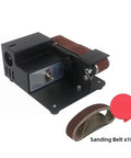 Compact Mini Electric Belt Sander With Multifunctional Polishing, Grinding, And Knife Sharpening Capabilities Perfect For Desktop Diy Projects Edging Tools And Detailed Metal Wood Work Easily Handle Various Tasks In Small Spaces, showing the unit with sanding belts.