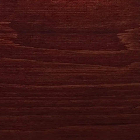 Close-up view of wood surface stained with Top Shelf One Coat Wood Stain and Sealer, showcasing rich black canyon red hue.