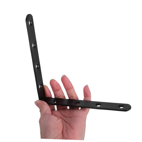 Beefy 4 Pack Heavy Duty Mending Plates Straight Brackets for Wood Furniture Repair held in hand, showing black finish and holes.