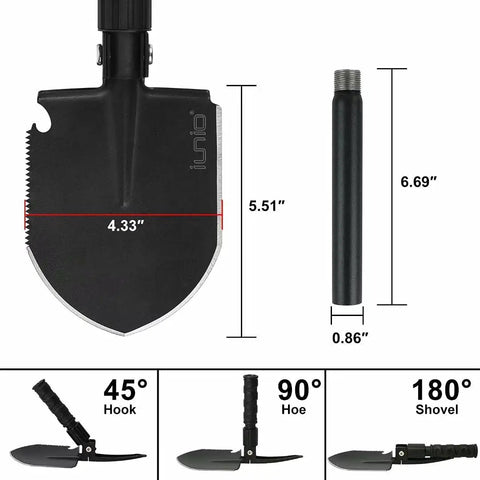Diagram of Beast Mode Heavy Duty Folding Camping Shovel With Pickaxe, 31 Inch Carbon Steel Survival Entrenching Tool dimensions and angles.