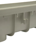 Side view of Channel Drain Kit With Galvanized Grates And End Caps For Deep Profile Runoff, beige plastic structure visible