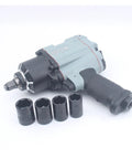 Beefy Half Inch Pneumatic Impact Wrench Pumps Out Massive Torque To Shake Off Stubborn Truck Lug Nuts And Rusty Auto Fasteners with four metric sockets.
