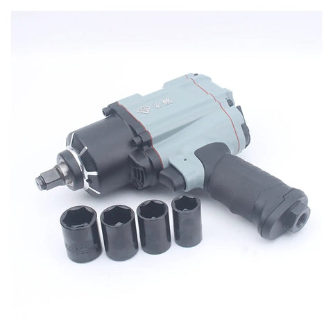 Beefy Half Inch Pneumatic Impact Wrench Pumps Out Massive Torque To Shake Off Stubborn Truck Lug Nuts And Rusty Auto Fasteners with four metric sockets.
