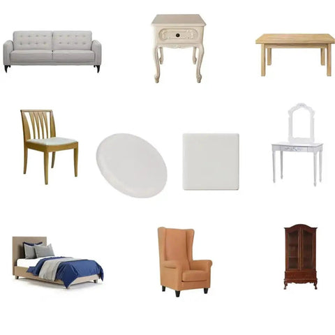 Various furniture pieces including sofa, table, chair, bed, and chair pads. Chair Pads Floor Protectors For Chairs And Tables shown.