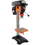 12 Inch Benchtop Drill Press With Laser Positioning And Digital Meter Variable Speed 0-45 Degree Tilting Table Compact Tabletop Drilling Machine shown from side angle, solid metal base and laser alignment.