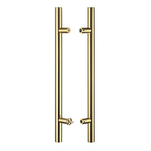 Grab These Super Tough Eighteen Inch Heavy Duty Push Pull Door Handles Made From Commercial Grade Stainless Steel Featuring Solid Standoffs And A Killer PVD Polished Gold Finish Ideal For Barn Doors Glass Doors And More With Chamfered Edges, pair