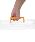 Hand holding a Straight Up Plastic Tool Box With Sturdy Carry Handle Divided Multi Purpose Compartments For Weekend DIY Projects Hardware Sorting Paint Brush Holder And Small Gear.