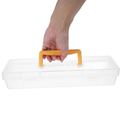 Hand holding a Straight Up Plastic Tool Box With Sturdy Carry Handle Divided Multi Purpose Compartments For Weekend DIY Projects Hardware Sorting Paint Brush Holder And Small Gear.
