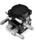 Manual Linear Positioning Stage Four Axis With 90mm By 90mm Platform, aluminum construction, various adjustment knobs visible.