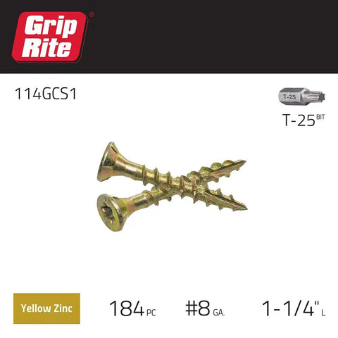 Workhorse Size 8 X 1-1/4 In Wood Screws With T25 Star Drive And Yellow Zinc Finish heavy duty screws with dual flat head nibs.