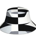 Fire Black And White Piano Grid Print Bucket Hat With Double Sided Reflective Trim Unisex Lightweight Polyester Sun Shield Cap For Summer Vibes And Travel top view