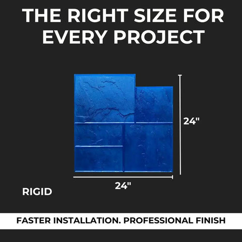 Slate Texture Concrete Stamps 24x24 Inches Pro Grade Durable Polyurethane Rigid Mats For Patios Driveways Walkways And DIY Projects Realistic Ashlar Stone Look Made In USA. Product image showing blue 24x24 inch stamp with ashlar pattern on black background.