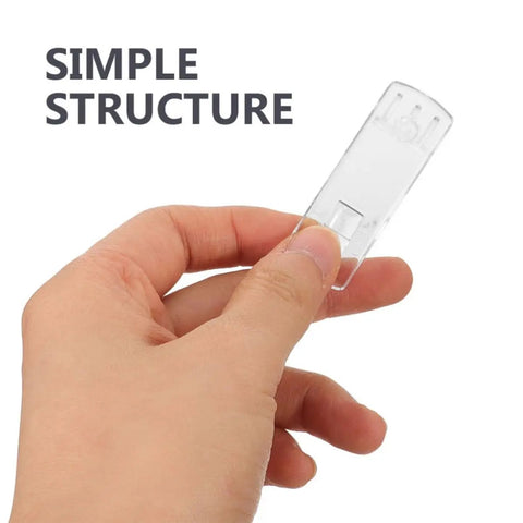 Hand holding Heavy Duty White Plastic Shelf Clips Set Of 50 For Wood Shelving DIY Friendly Reliable Support Pegs.