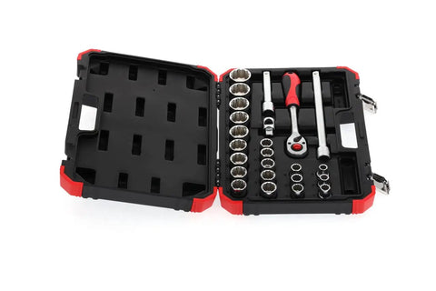 Red Half Inch Drive Socket Set, 24 Piece Bi-Hex Sockets From 10mm To 32mm, 72-Tooth Lever Change Ratchet, 125mm To 250mm Extension, T Handle, And Three-Eighth Inch To One-Half Inch Adapters, Built For DIY Or Pro Use