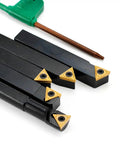Three Eighths Inch Shank Lathe Turning Tool Set With 5 Indexable Inserts and holders for external and internal turning.