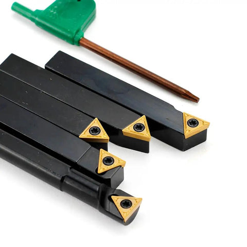 Three Eighths Inch Shank Lathe Turning Tool Set With 5 Indexable Inserts and holders for external and internal turning.