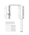 Lock Down Your Doorway With Heavy Duty White U Shaped Sliding Door Lock Featuring Tough Anti Pry Rotating Latch For 90 Or 180 Degree Barn Doors Quick High Mount Setup, includes mounting screws.