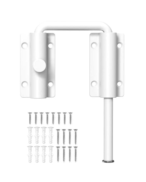 Lock Down Your Doorway With Heavy Duty White U Shaped Sliding Door Lock Featuring Tough Anti Pry Rotating Latch For 90 Or 180 Degree Barn Doors Quick High Mount Setup, includes mounting screws.