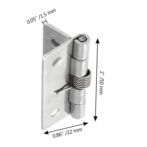 Side view of stainless steel spring-loaded cabinet hinge with mounting plate (2-inch length)