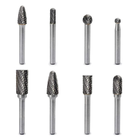 Carbide burr set, 8 pcs, 1/4 in shank, double-cut grinding/polishing bits for die grinder