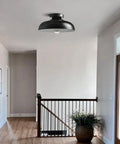 Installed 12 Inch Industrial Ceiling Light Fixture Black Metal Barn Style Semi Flush Mount in a hallway.