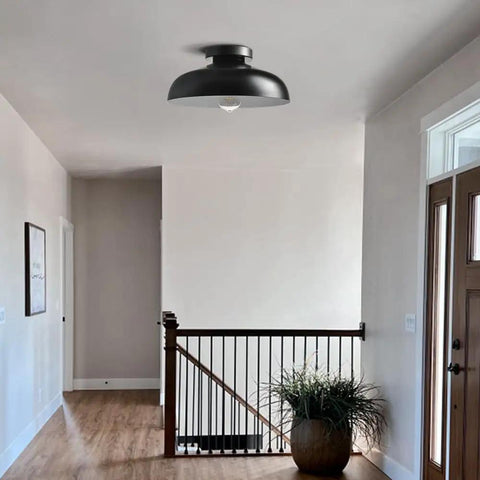 Installed 12 Inch Industrial Ceiling Light Fixture Black Metal Barn Style Semi Flush Mount in a hallway.