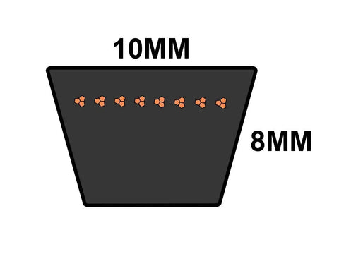 Diagram of a Beefy Extreme Duty XPZ1000 Or SPZX1000 V Belt 10 by 1000 Millimeter, showing 10mm top width and 8mm height.