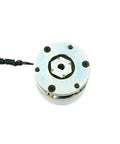 Front view of chrome TQMB1-0.5 micro power-loss electromagnetic holding brake with attached cable