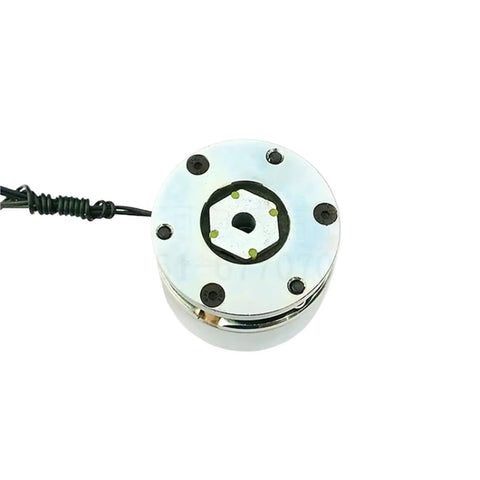 Front view of chrome TQMB1-0.5 micro power-loss electromagnetic holding brake with attached cable