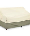 Waterproof Outdoor 3-Seater Sofa Cover Heavy Duty Protects Your Patio Furniture Up To 79W X 38D X 35H Inches With Durable Fabric All Weather Shield Easy Fit And Adjustable Straps For A Snug No Fuss Look in beige covering a sofa, showing adjustable straps and durable fabric