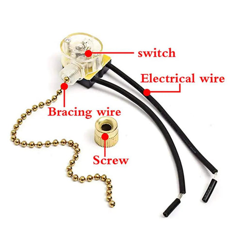 Zing Ear ZE 109 Two Wire Pull Chain Ceiling Fan Light Switch Replacement with labeled parts and bronze finish chain