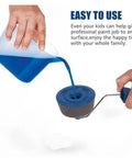 Super Slick Seamless Paint Roller Brush Kit With Flocked Wall Edger pouring blue paint into roller for easy application.