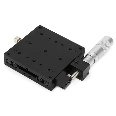 Kickass X Axis Linear Stage 80x80 mm with micrometer manual translation, aluminum alloy black anodized finish, single X slide table.
