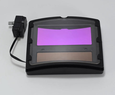Auto Darkening Welding Lens 4.3 x 3.5 Inch Panel Pro Grade For Helmet Mask Solar Powered shown with plug adapter