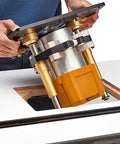 Heavy Duty 3.25 HP Soft Start Router Motor being installed into a router table for woodworking projects.