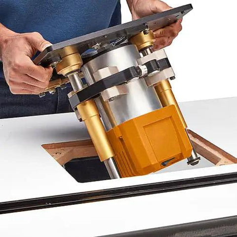 Heavy Duty 3.25 HP Soft Start Router Motor being installed into a router table for woodworking projects.