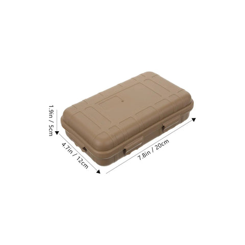Rugged Wear Resistant Shockproof Tool Case For Outdoor Survival And Gear Storage, tan, dimensions shown, portable box for camping and hiking.