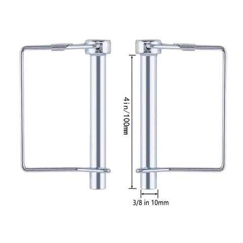 Eight Pack 3 Eighths Inch By 4 Inch Trailer Coupler Pins Heavy Duty Wire Lock Pins For Towing Hitch Secure PTO Shaft Locking Pin Fits Trailers RVs Boats Farm Equipment showing size dimensions.