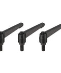 M8 15mm Adjustable Clamping Lever With Push Button Ratchet, Male Threaded Stud Knobs, set of three in matte black, front view.