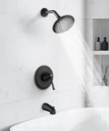Matte Black Shower Faucet Set With Tub Spout And 6-Spray Touch-Clean Dope Shower Head, Tub And Shower Trim Kit installed in bathroom
