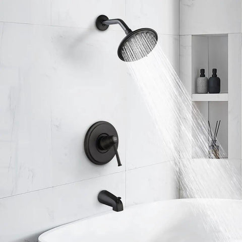 Matte Black Shower Faucet Set With Tub Spout And 6-Spray Touch-Clean Dope Shower Head, Tub And Shower Trim Kit installed in bathroom