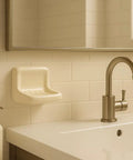 Bone Almond Ceramic Soap Dish Holder For Bathroom Walls With Glazed Finish, Easy Tile Adhesion Install, Not For Flat Surfaces, Built To Last And Classy, Inserts Into Tile For Secure Wall Mount With Back Lip, shown in bathroom setting