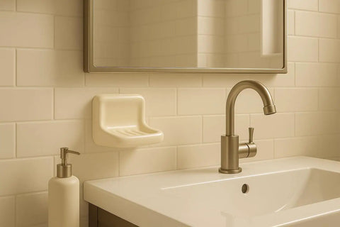 Bone Almond Ceramic Soap Dish Holder For Bathroom Walls With Glazed Finish, Easy Tile Adhesion Install, Not For Flat Surfaces, Built To Last And Classy, Inserts Into Tile For Secure Wall Mount With Back Lip, shown in bathroom setting
