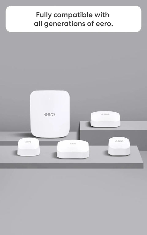 Unstoppable WiFi Upgrade With The Newest Eero 7 Dual Band Mesh Router displayed with multiple eero units for compatibility.
