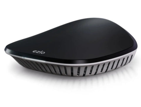 Black Ezlo smart home hub, supports Zigbee, Z Wave, connects to Wi Fi devices, works with Alexa and Google Assistant, sleek design.